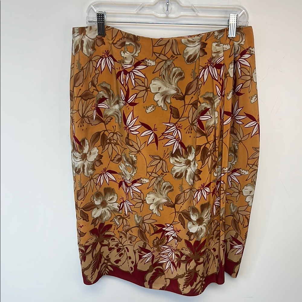 Adrianna Papell Tan Orange Red Fall Floral Print Women's Skirt 100% Silk Size 14